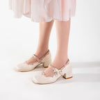 Ivory Floral Lace Mary Jane Heels | Elegant Block Heel Bridal Pumps