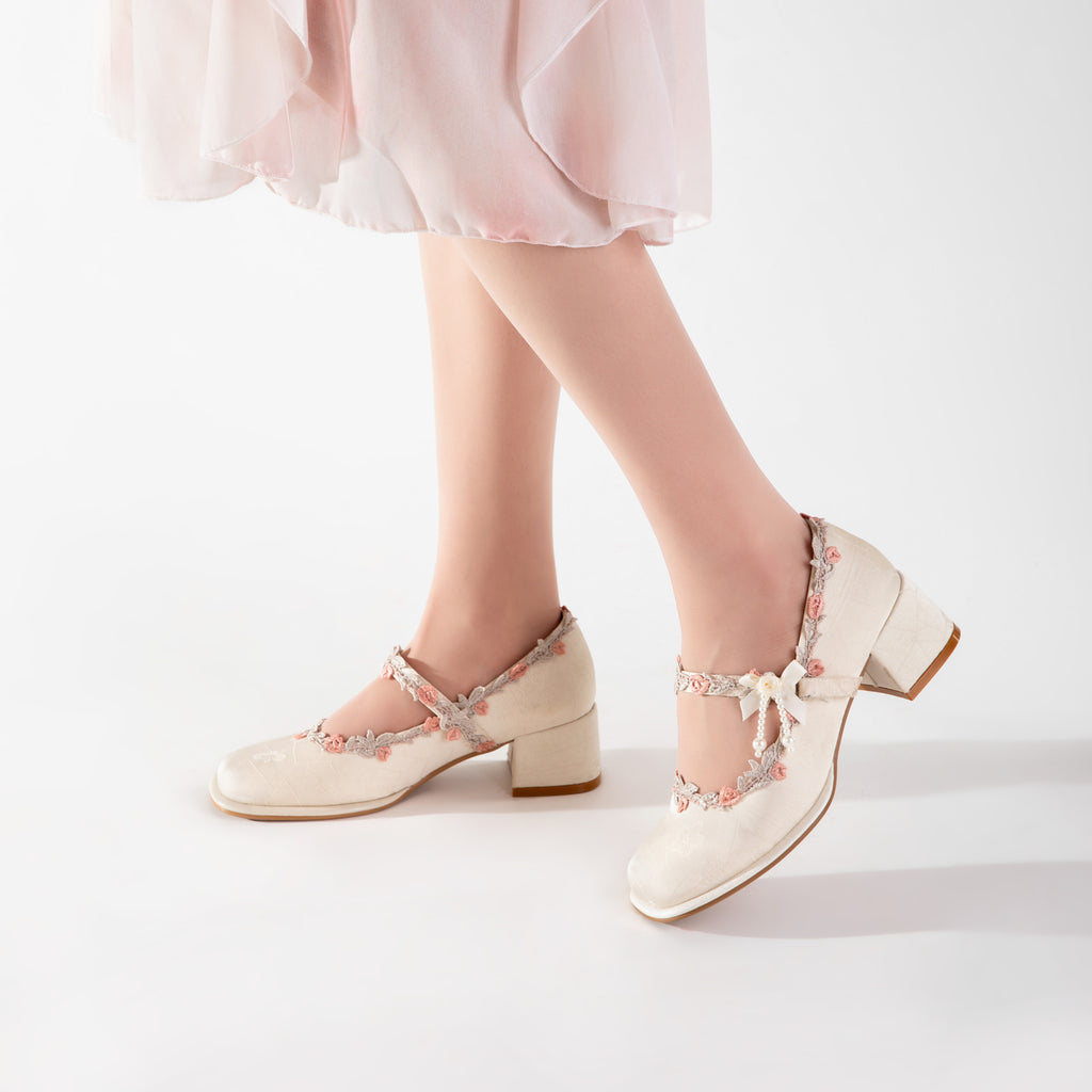 Ivory Floral Lace Mary Jane Heels | Elegant Block Heel Bridal Pumps