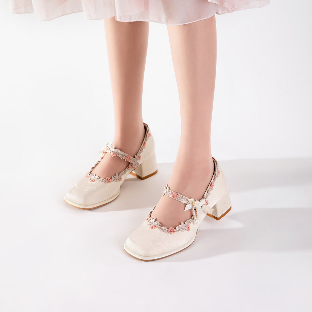 Ivory Floral Lace Mary Jane Heels | Elegant Block Heel Bridal Pumps