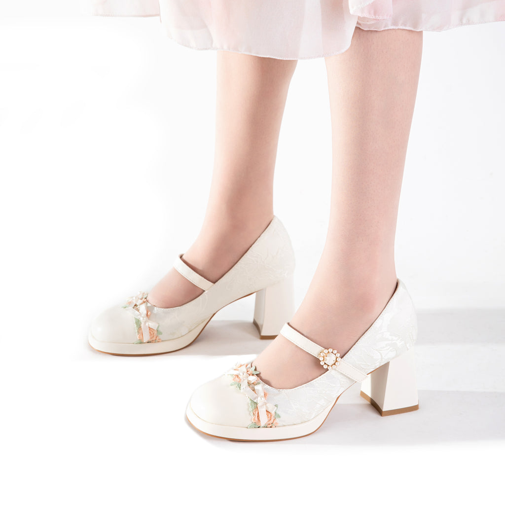 White Floral Trim Mary Jane Heels | Elegant Block Heel Wedding Pumps