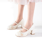 White Floral Trim Mary Jane Heels | Elegant Block Heel Wedding Pumps
