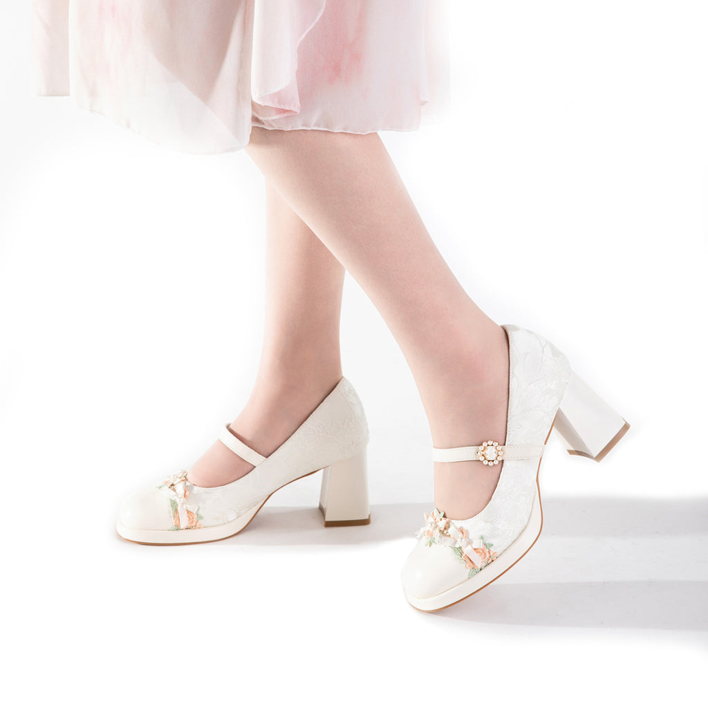 White Floral Trim Mary Jane Heels | Elegant Block Heel Wedding Pumps