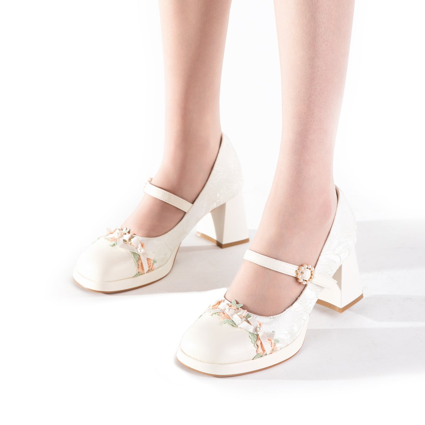 White Floral Trim Mary Jane Heels | Elegant Block Heel Wedding Pumps