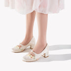 Ivory Floral Lace Mary Jane Heels | Pearl Trim Block Heel Romantic Pumps