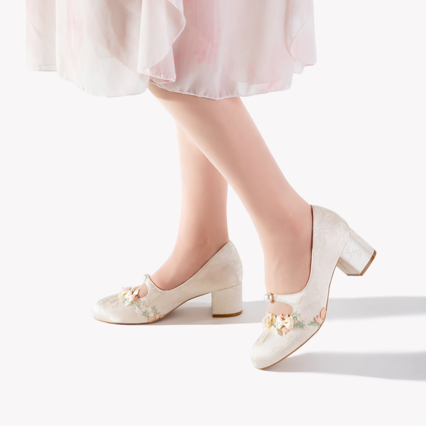 Ivory Floral Lace Mary Jane Heels | Pearl Trim Block Heel Romantic Pumps