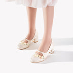 Ivory Floral Lace Mary Jane Heels | Pearl Trim Block Heel Romantic Pumps