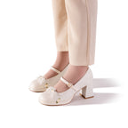Vintage Jacquard Mary Janes - Block Heel Bridal Shoes, Handmade Lace Floral Coquette Pumps, Elegant Wedding Bridesmaid Heels
