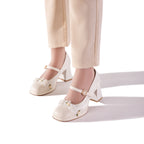 Vintage Jacquard Mary Janes - Block Heel Bridal Shoes, Handmade Lace Floral Coquette Pumps, Elegant Wedding Bridesmaid Heels