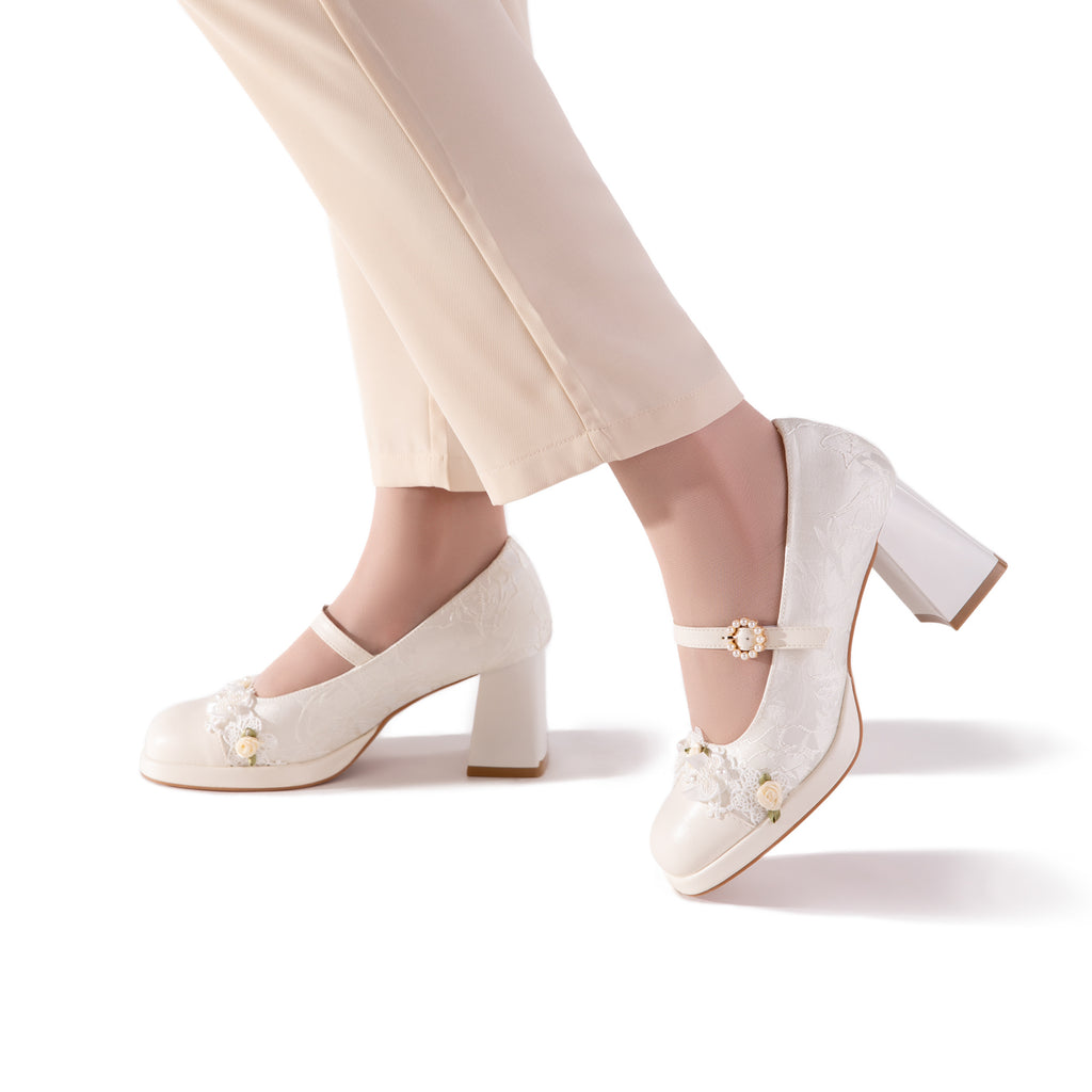 Vintage Jacquard Mary Janes - Block Heel Bridal Shoes, Handmade Lace Floral Coquette Pumps, Elegant Wedding Bridesmaid Heels