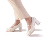 Vintage Jacquard Mary Janes - Block Heel Bridal Shoes, Handmade Lace Floral Coquette Pumps, Elegant Wedding Bridesmaid Heels
