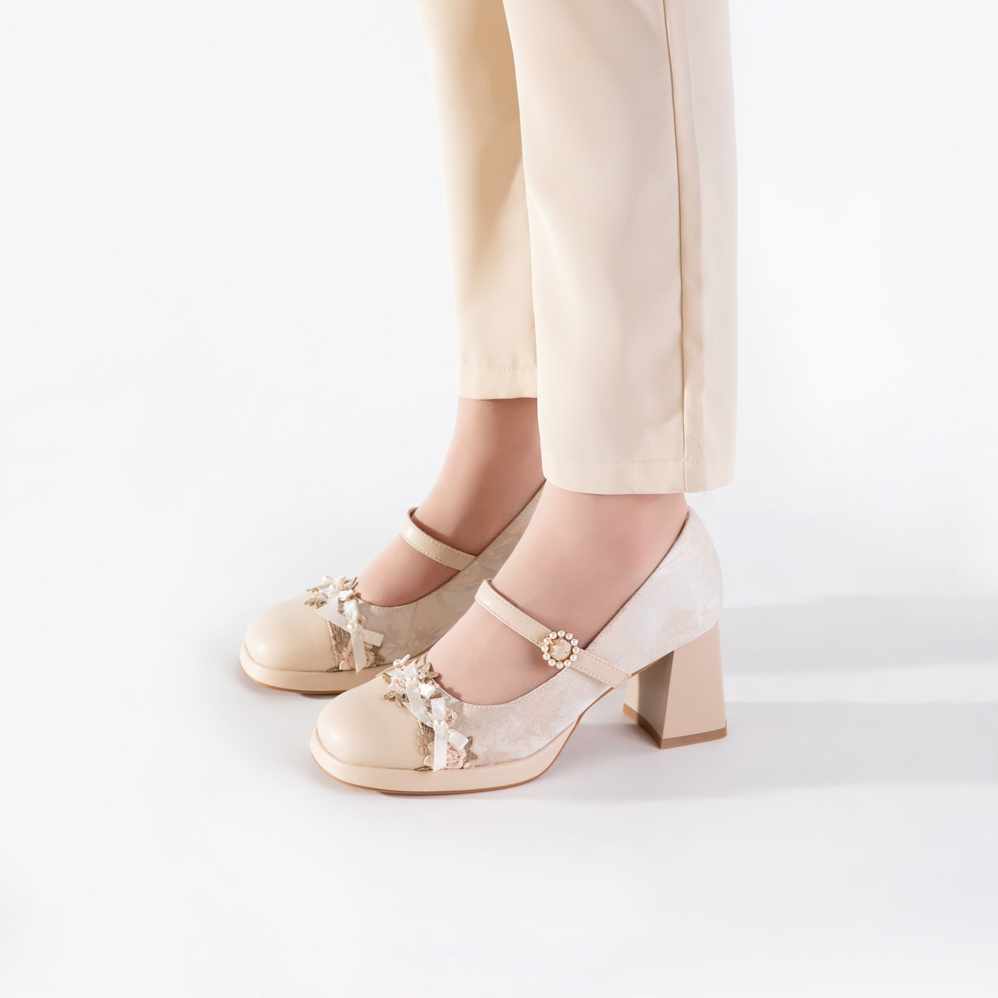 Blush Pink Lace Mary Jane Heels | Elegant Block Heel Wedding Pumps
