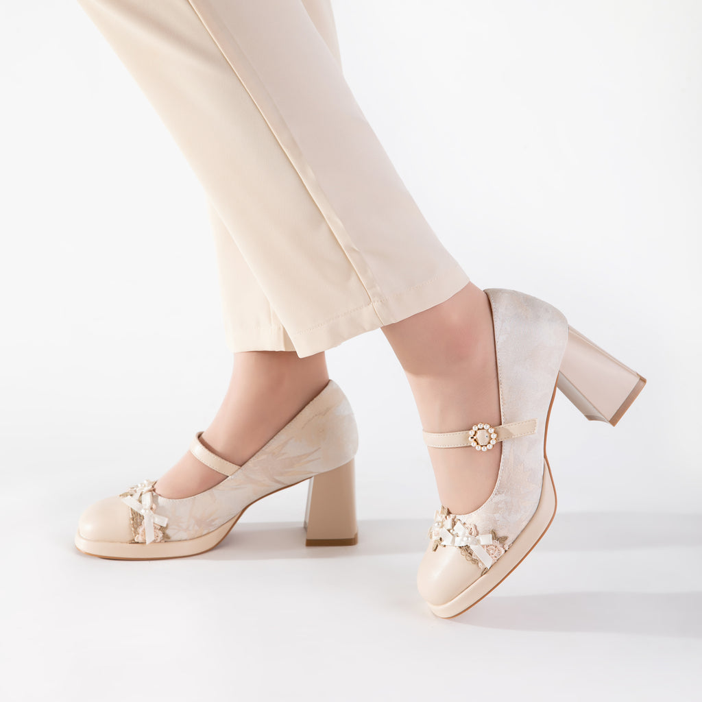 Blush Pink Lace Mary Jane Heels | Elegant Block Heel Wedding Pumps