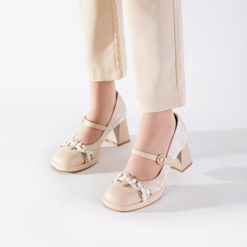 Blush Pink Lace Mary Jane Heels | Elegant Block Heel Wedding Pumps