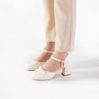 Versatile White Jacquard Pearl Ankle Strap Block Heels | Elegant Everyday & Wedding Pumps