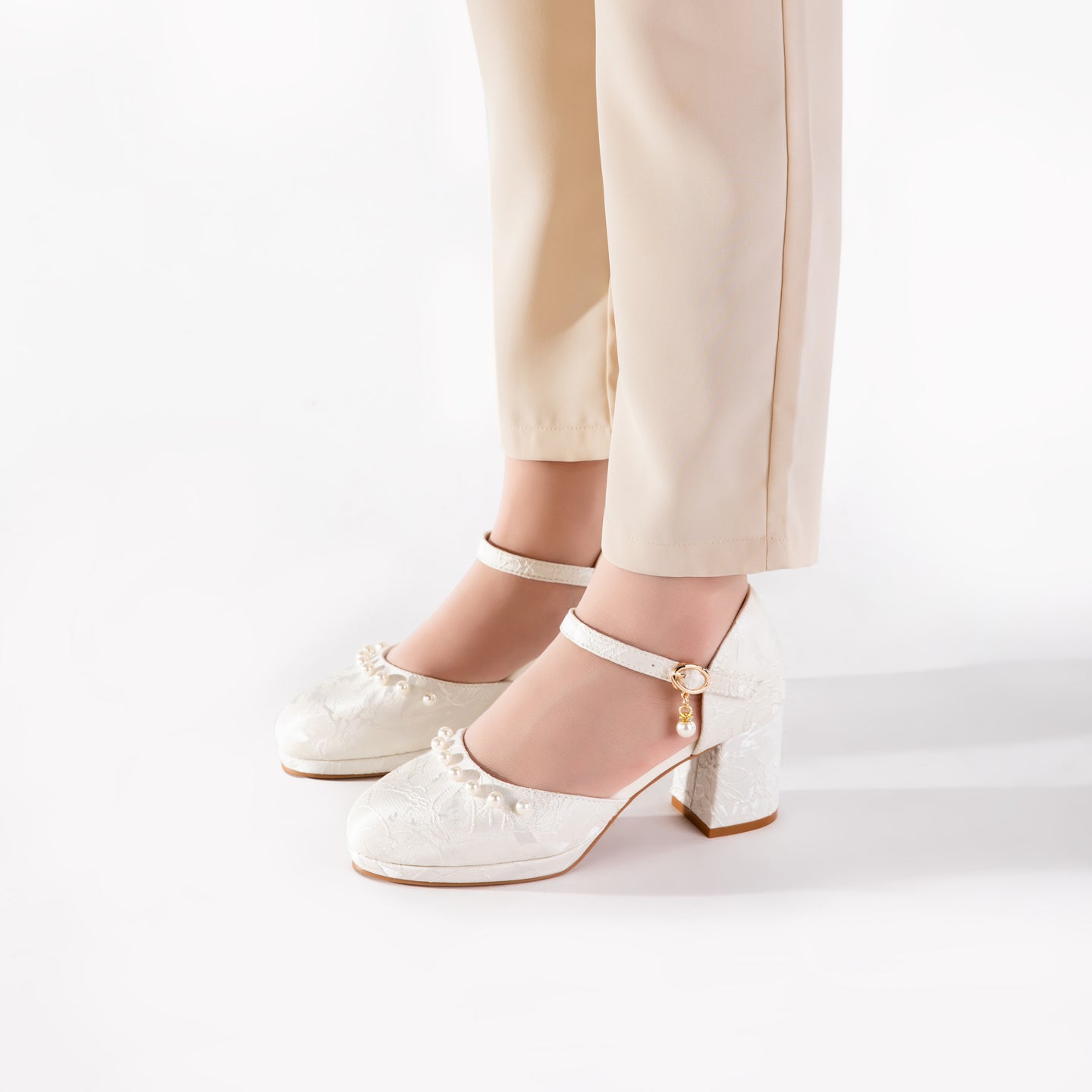 Versatile White Jacquard Pearl Ankle Strap Block Heels | Elegant Everyday & Wedding Pumps