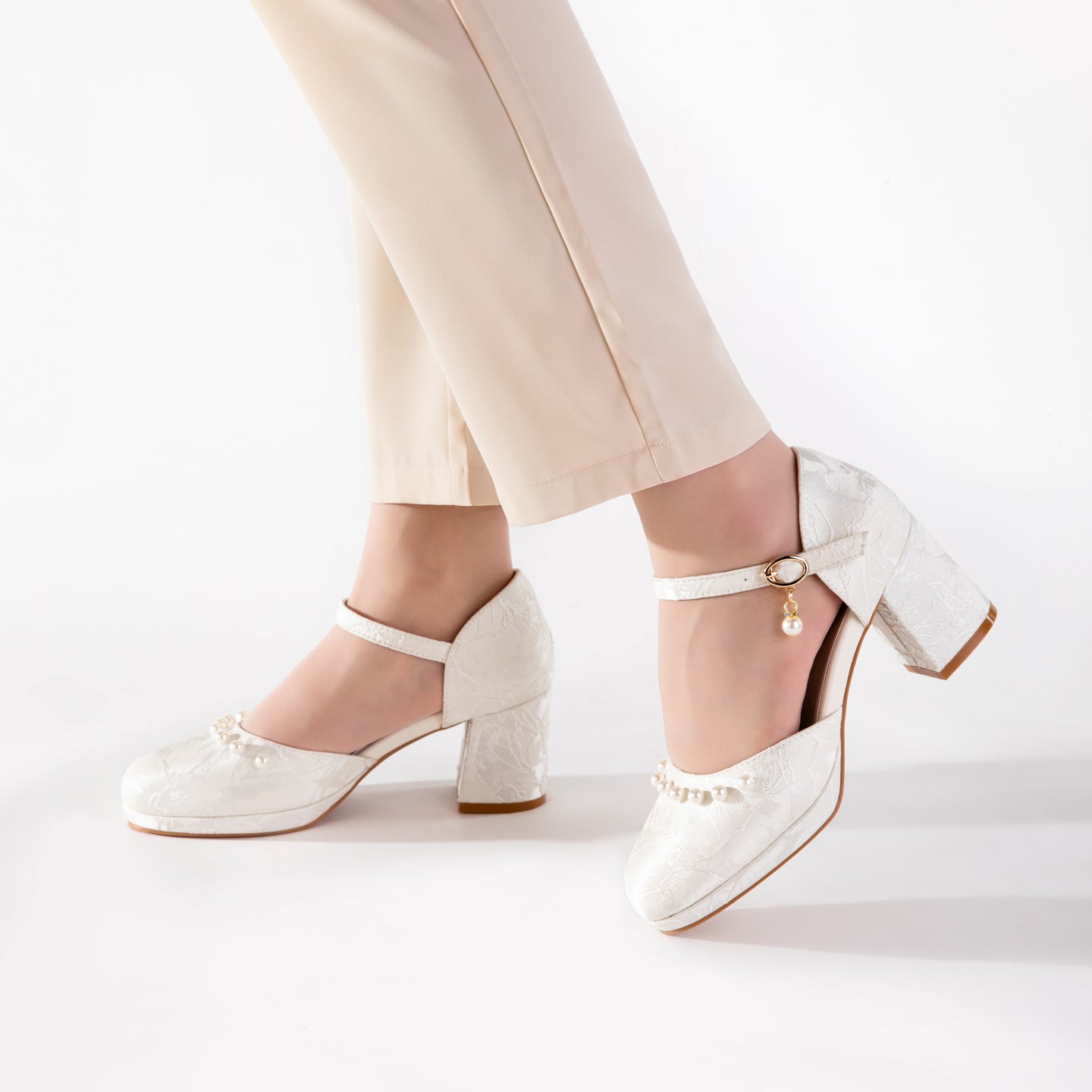 Versatile White Jacquard Pearl Ankle Strap Block Heels | Elegant Everyday & Wedding Pumps
