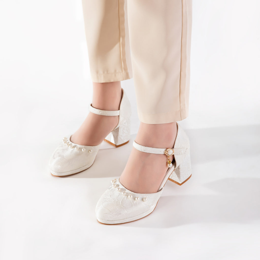 Versatile White Jacquard Pearl Ankle Strap Block Heels | Elegant Everyday & Wedding Pumps