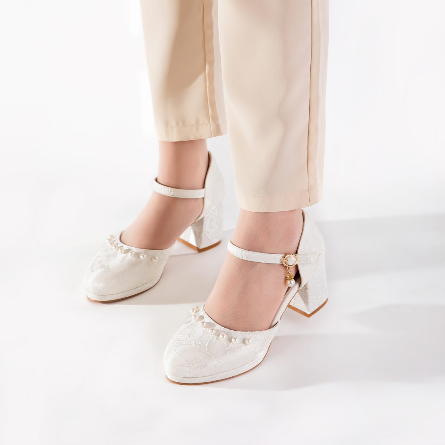 Versatile White Jacquard Pearl Ankle Strap Block Heels | Elegant Everyday & Wedding Pumps
