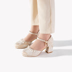 Champagne Metallic Mary Jane Heels | Pearl Trim Block Heel Wedding Pumps