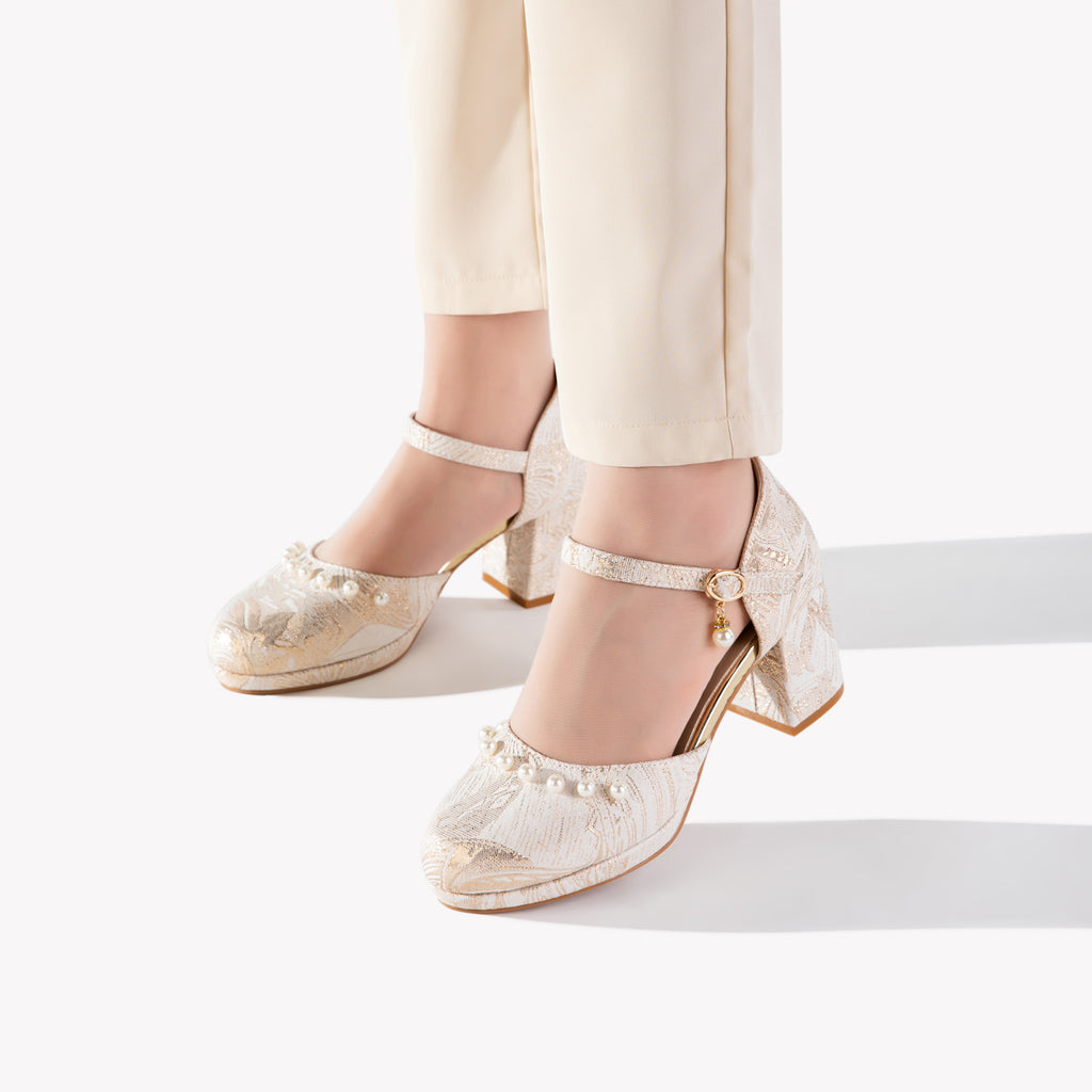 Champagne Metallic Mary Jane Heels | Pearl Trim Block Heel Wedding Pumps