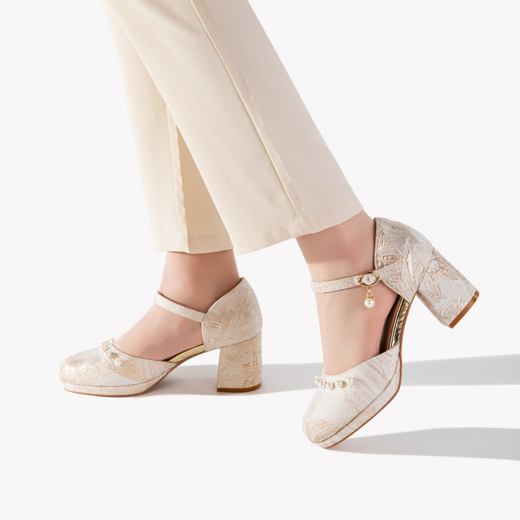 Champagne Metallic Mary Jane Heels | Pearl Trim Block Heel Wedding Pumps