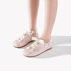 Sakura Glow Sneakers - Women's Pink Floral Bow Platform Shoes