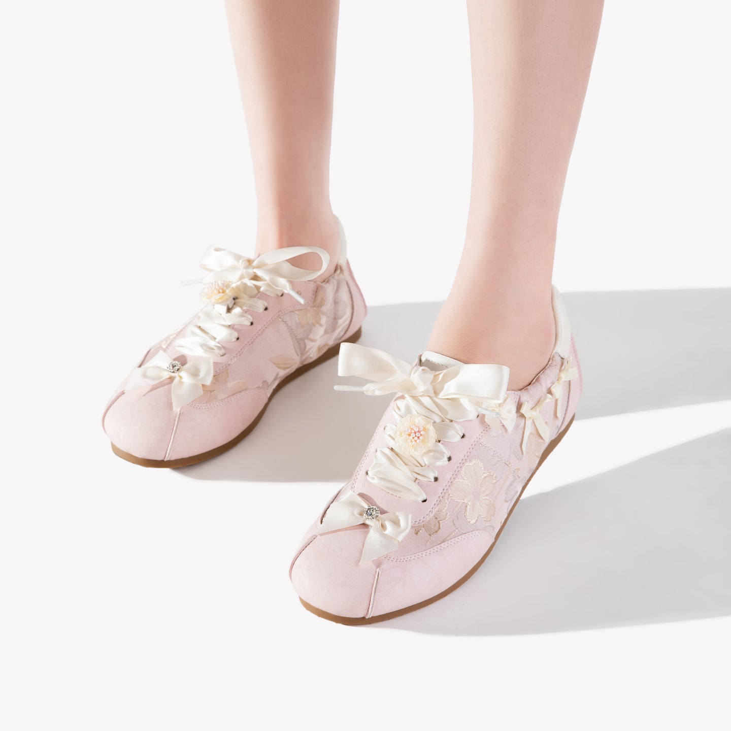Sakura Glow Sneakers - Women's Pink Floral Bow Platform Shoes