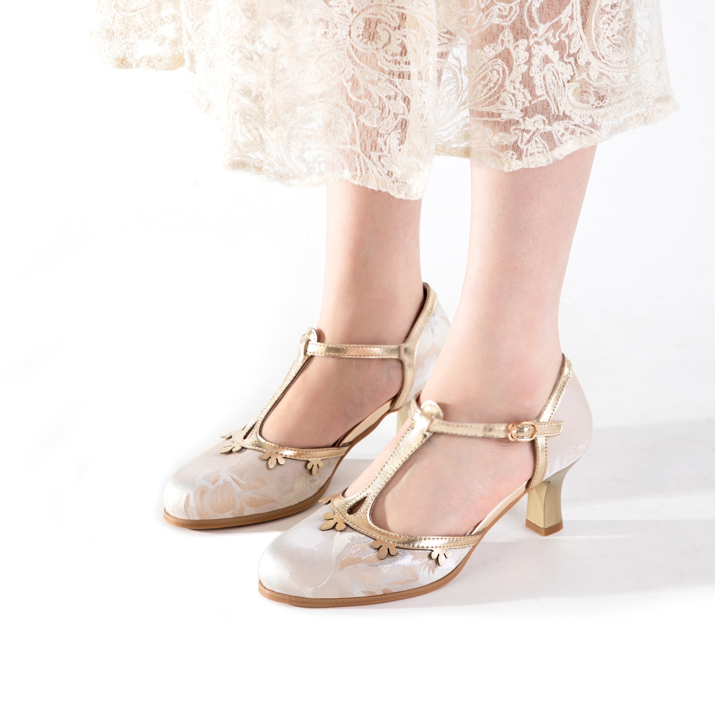 Versatile Champagne Jacquard T-Strap Mary Jane Block Heels | Floral Trim Everyday Pumps