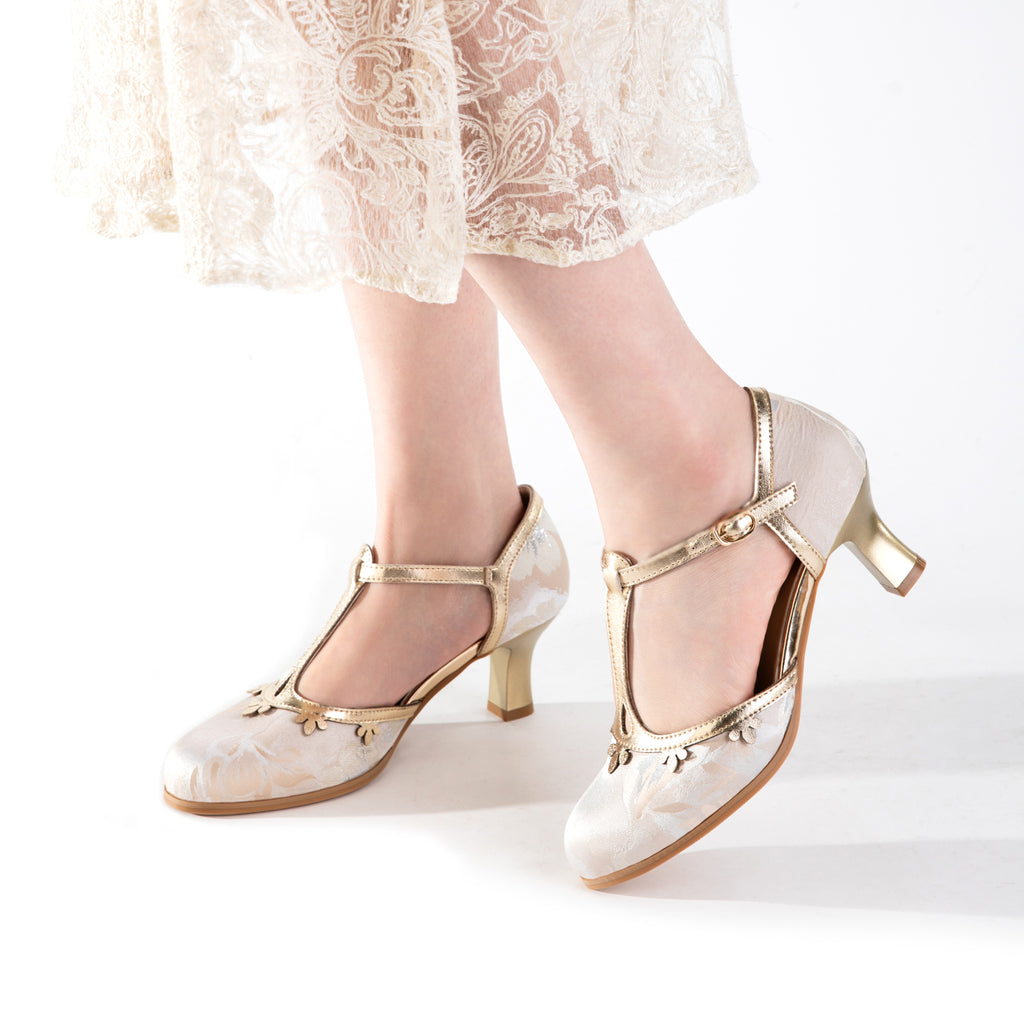 Versatile Champagne Jacquard T-Strap Mary Jane Block Heels | Floral Trim Everyday Pumps
