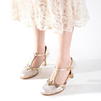 Versatile Champagne Jacquard T-Strap Mary Jane Block Heels | Floral Trim Everyday Pumps
