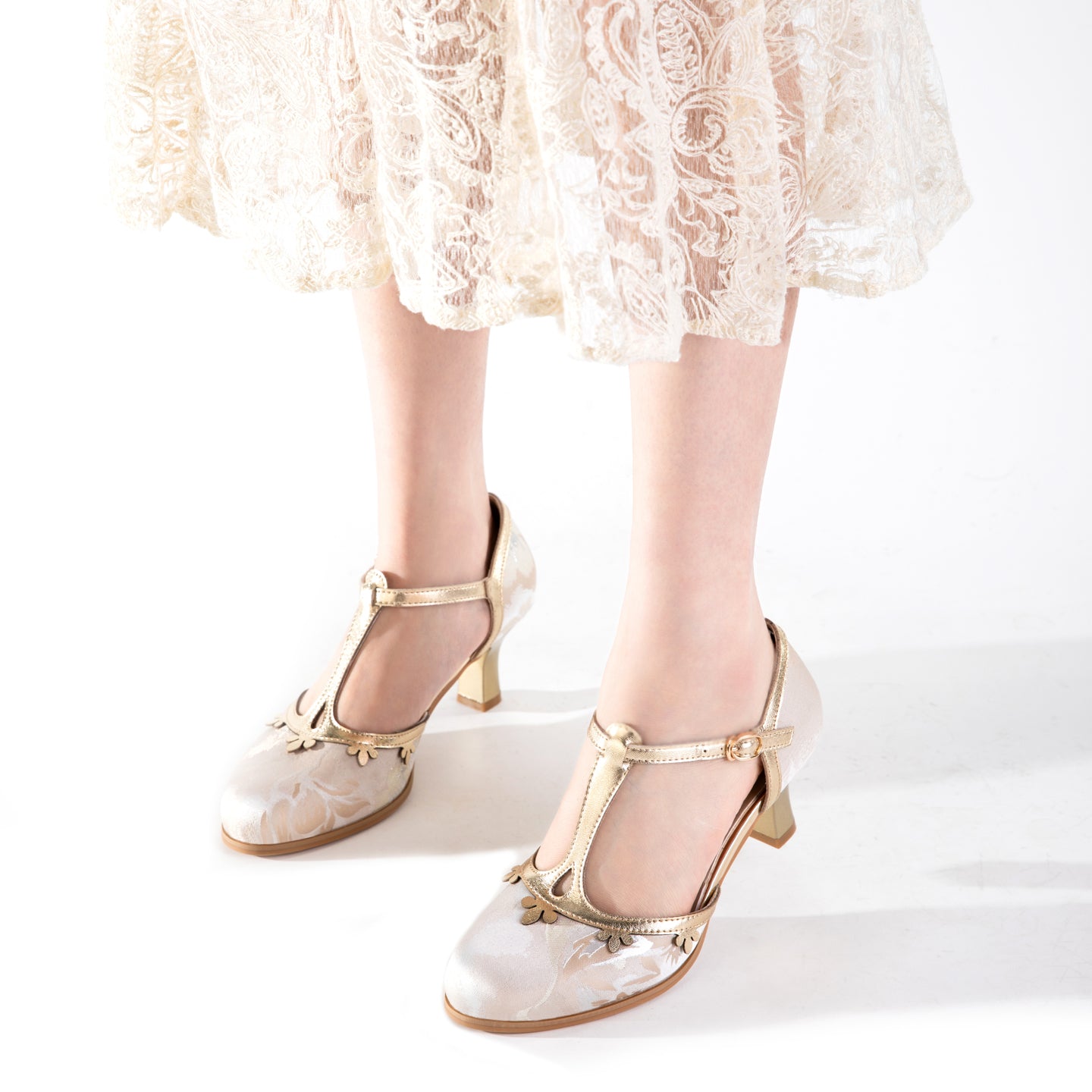 Versatile Champagne Jacquard T-Strap Mary Jane Block Heels | Floral Trim Everyday Pumps