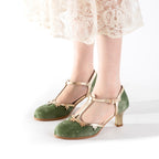Versatile Green T-Strap Mary Jane Block Heels | Retro Floral Trim Everyday Pumps