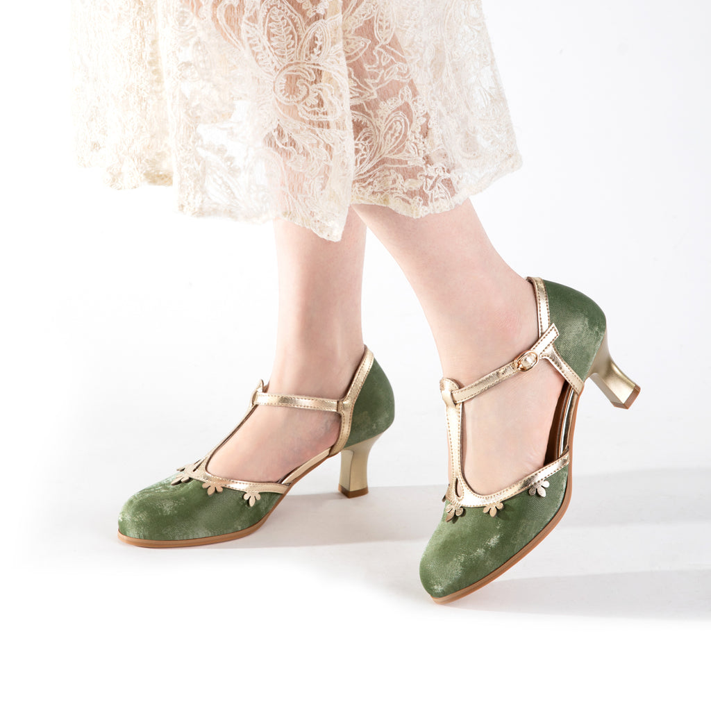 Versatile Green T-Strap Mary Jane Block Heels | Retro Floral Trim Everyday Pumps
