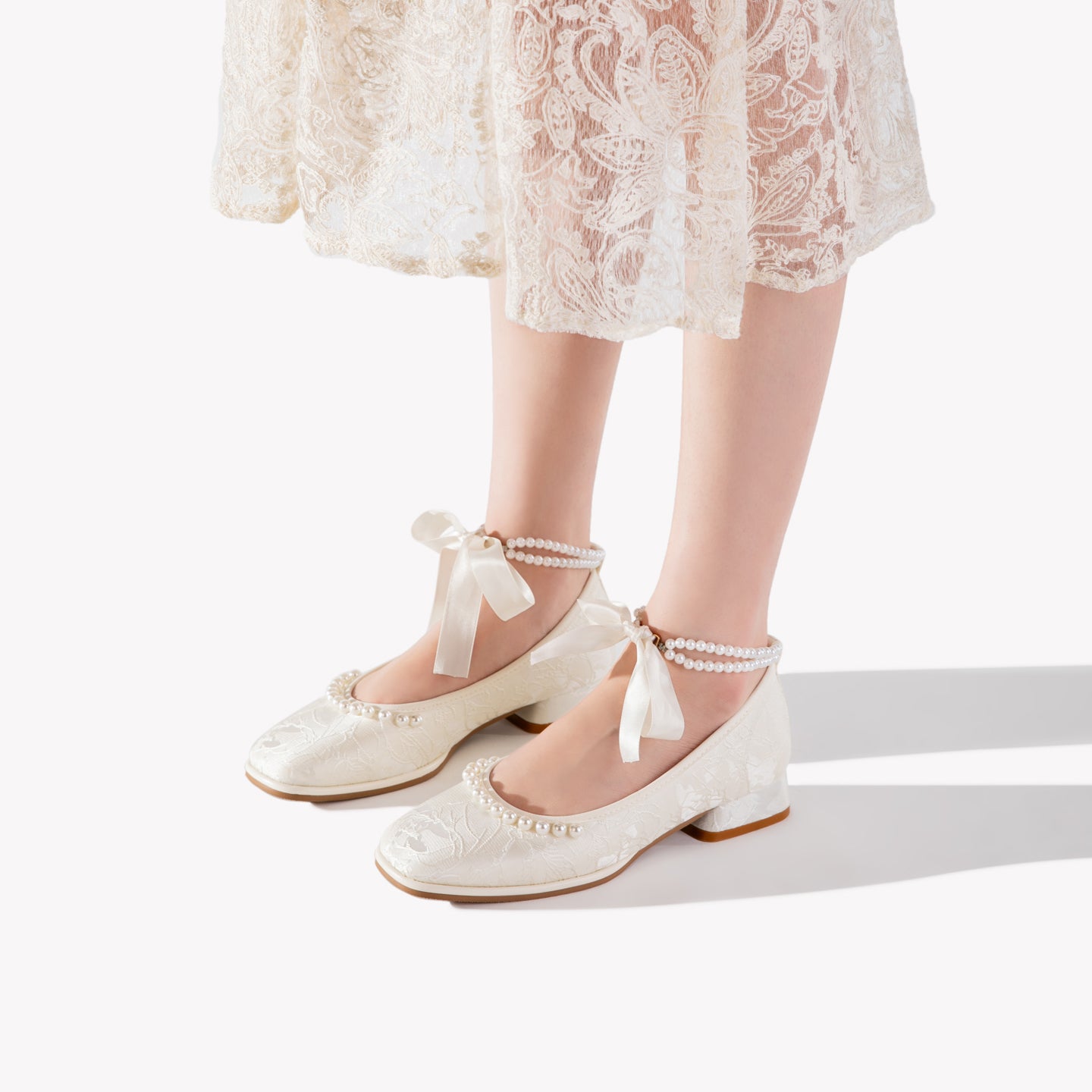 Ivory Mary Jane Heels | Pearl Satin Bow Wedding Pumps for Women