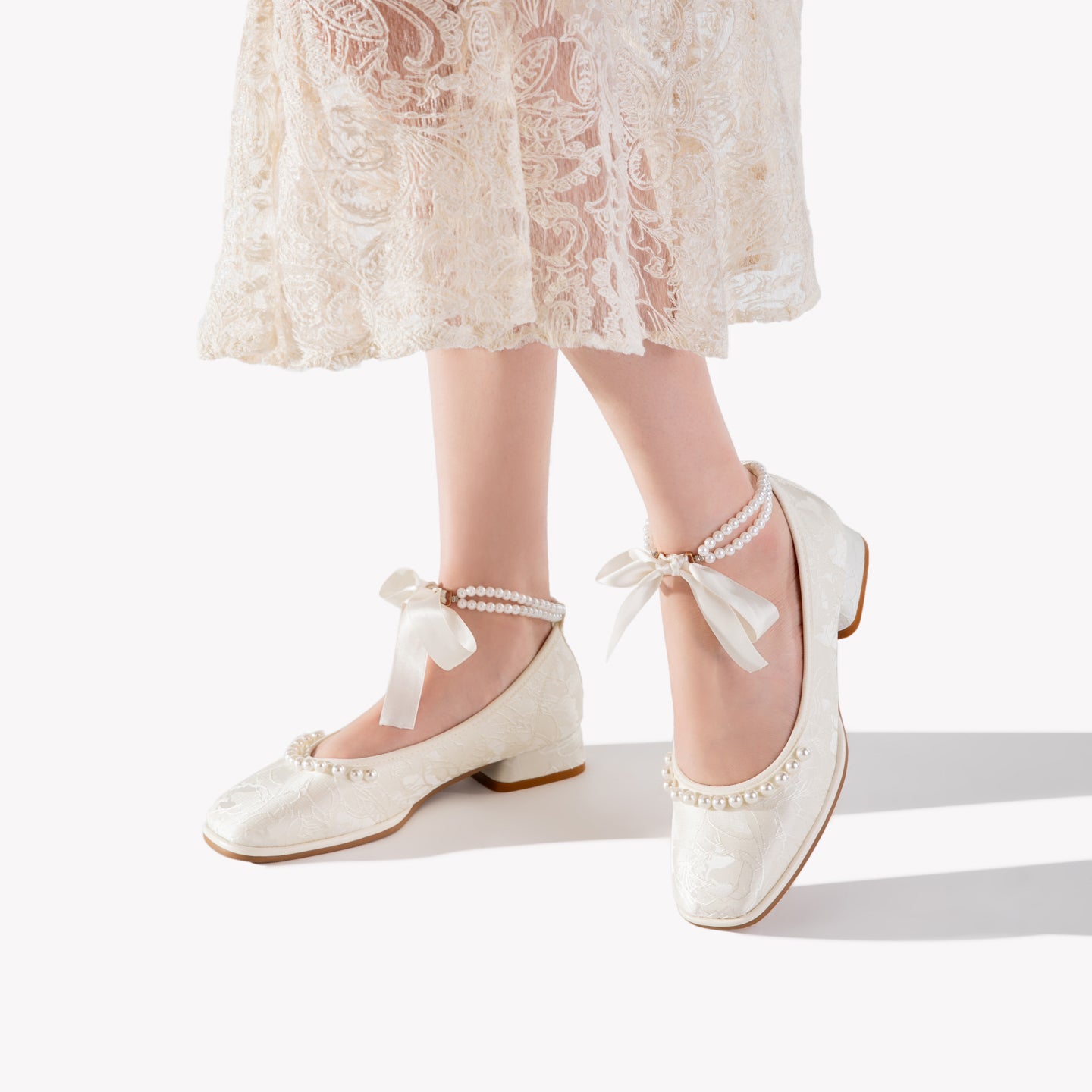 Ivory Mary Jane Heels | Pearl Satin Bow Wedding Pumps for Women