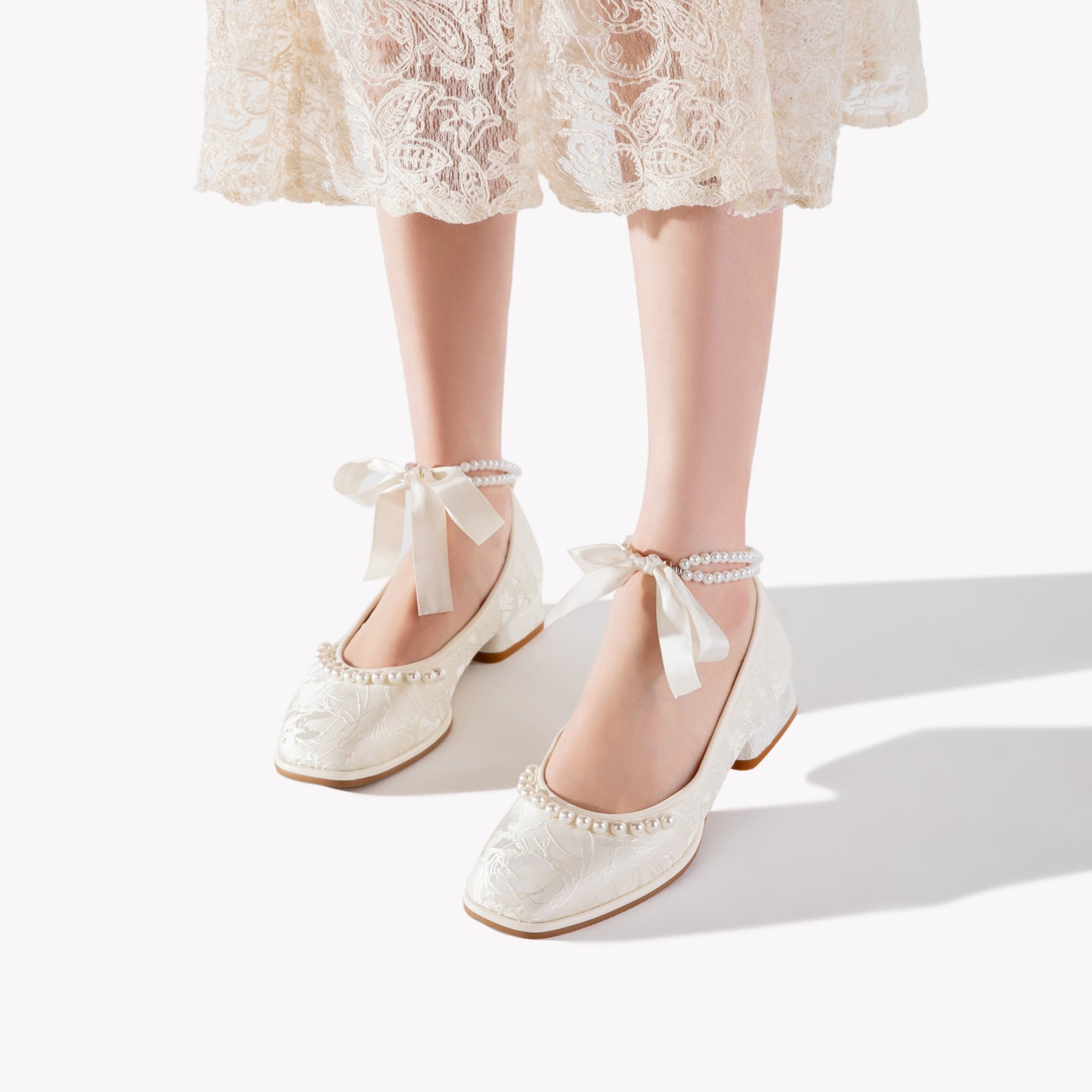 Ivory Mary Jane Heels | Pearl Satin Bow Wedding Pumps for Women