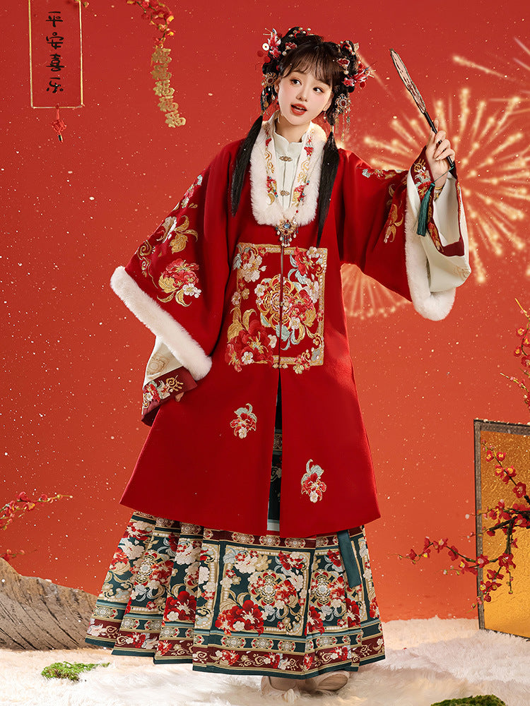 Spring Silk Vision · Red Hanfu Ensemble (Long Coat + Inner Garment + Horse-Faced Skirt)