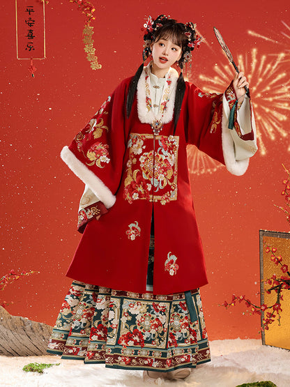 Spring Silk Vision · Red Hanfu Ensemble (Long Coat + Inner Garment + Horse-Faced Skirt)