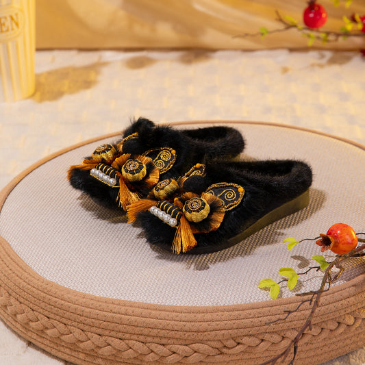 Women's Cotton Shoes Embroidered Tiger-Head Shoes World Cultural Heritage Rabbit Fur-Trimmed Cotton Slippers Warmth-Retaining Footwear