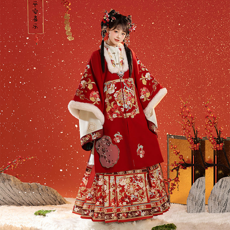 Spring Silk Vision · Red Hanfu Ensemble (Long Coat + Inner Garment + Horse-Faced Skirt)