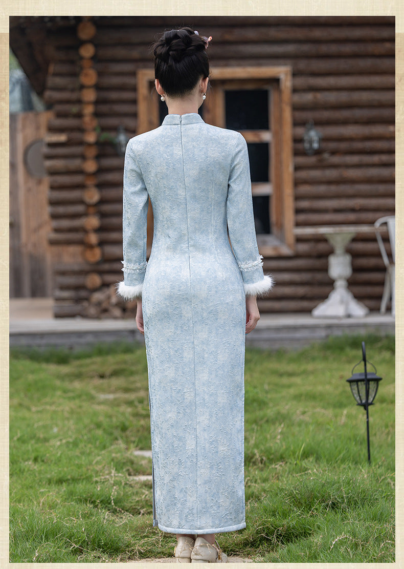 Azure Bloom · 2025 Winter Qipao with Fleece Lining