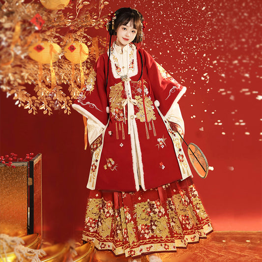 Spring Silk Vision · Red Hanfu Ensemble (Long Coat + Inner Garment + Horse-Faced Skirt)