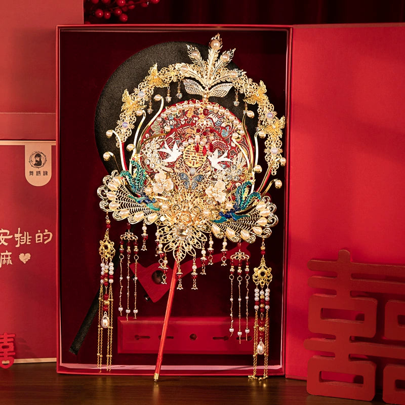 Chinese Wedding Heavy Embroidery Round Fan DIY Kit - Red Ancient-Style Tasseled Bridal Fan