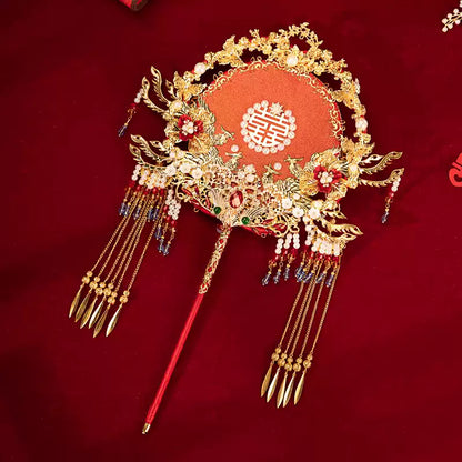 Chinese Red Tassel Wedding Fan Kit – Double-Sided Handmade Bridal Hanfu Round Fan DIY Set
