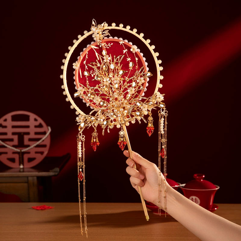 Premium Longfeng Kua Wedding Fan - Luxury Tulle Embroidery DIY Kit with Royal Tassels