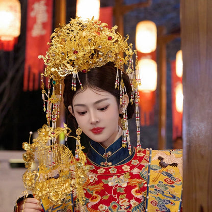 Chinese Bridal Golden Phoenix Crown – Luxurious Hanfu Wedding Hairpiece with Tassels and Traditional Elegance