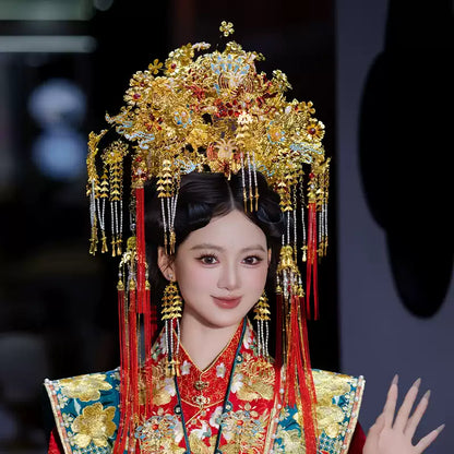 Chinese Imperial Phoenix Crown Bridal Headpiece – Luxurious Handcrafted Hanfu Wedding Hair Accessory