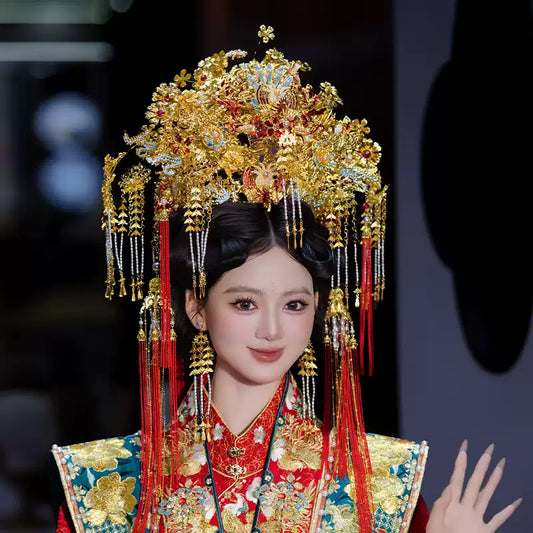 Chinese Imperial Phoenix Crown Bridal Headpiece – Luxurious Handcrafted Hanfu Wedding Hair Accessory