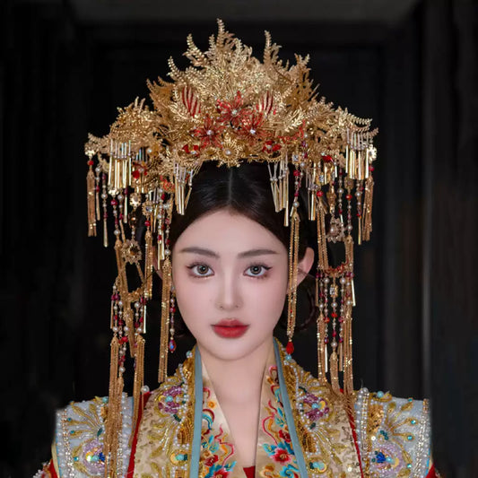 Chinese Red and Gold Phoenix Crown Bridal Headpiece – Long Tassel Hanfu Hair Accessory for Wedding