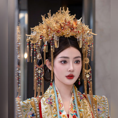 Chinese Red and Gold Phoenix Crown Bridal Headpiece – Long Tassel Hanfu Hair Accessory for Wedding